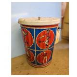 Vintage Tin Litho Waste Can with Sports Graphics