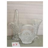 Set of 3 Crystal Glass Baskets and Vase