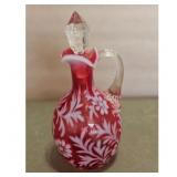 Vintage Cranberry Glass Ewer with White Floral Ove