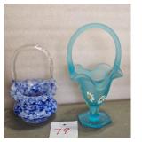 Vintage Blue & White Swirl Glass Basket & Blue Fro