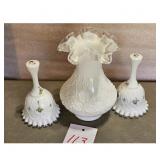 Vintage Fenton Milk Glass Vase and Pair Bells