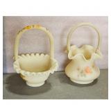 Fenton Custard Satin Glass Baskets with Hand Paint