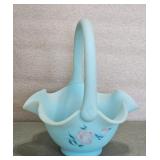 Vintage Blue Frosted Glass Fenton Basket with Pink