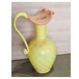 Vintage Yellow Glass Pitcher with Pink Ruffled Rim