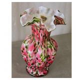 Fenton Pink Green Spatter Art Glass Vase Ruffled