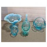 Vintage Blue Opalescent Glass Footed Bowl and Bell