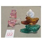 5 Vintage Glass Figurines - Shoes, Cat, Bird