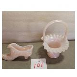 Vintage Pink Iridescent Glass Shoe & Basket Set
