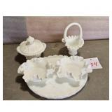 Vintage White Milk Glass Candy Dish, Basket, and T