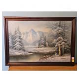 L. Holden Winter Landscape Oil Painting Cabin Moun