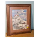 Framed Lighthouse and Beach Scene Print