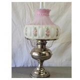 Vintage Oil Lamp with Pink and White Floral Shade