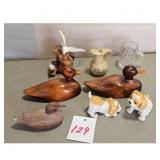 Lot of 3 Wooden Ducks, 2 Ceramic Puppies, and Deco