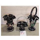 Set of 3 Black Fenton Art Glass Vases and Baskets