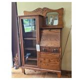 Antique Oak Secretary Desk with Glass Door Cabinet