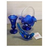 Vintage Cobalt Blue Glass Collection: Vase, Basket