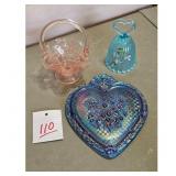 Vintage Pink Fenton Glass Basket & Blue Bell with