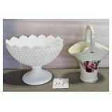 Hobnail Milk Glass Pedestal Bowl & Floral Basket V