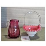 Pink Fenton Glass Basket and Cranberry Pitcher