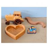 Wooden Toy Tractor, Heart Bowl, Train, and Curved