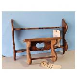 Wooden Wall Shelf with Heart Cutout and Small Stoo