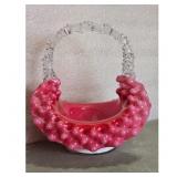 Vintage Fenton Pink Hobnail Opalescent Glass Baske