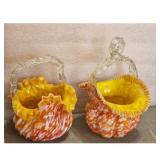 Vintage Murano Art Glass Baskets Set of 2 Orange W