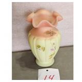 Fenton Hand-Painted Glass Vase w/ Pink Ruffled Rim