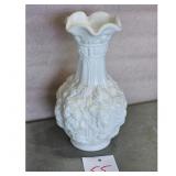 Vintage White Milk Glass Vase with Grapes and Leav