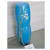 Hand Painted Blue Glass Vase with White Flowers