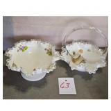 Vintage Fenton Glass Hand Painted Basket &Compote