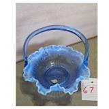 Vintage Blue Opalescent Glass Basket with Ruffled