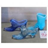 Set of 3 Blue Glass Miniature Shoes and Boots