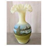 Vintage Fenton Art Glass Vase Hand Painted Landsca