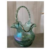 Fenton Iridescent Green Glass Basket with Twisted