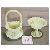 Vintage Fenton Yellow Opalescent Glass Basket and