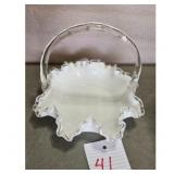 Vintage White Milk Glass Basket with Ruffled Edge