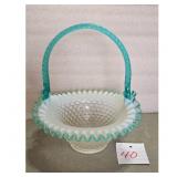 Fenton Hobnail Opalescent Glass Basket with Aqua H
