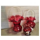 Fenton Art Glass Cranberry Baskets and Vase Set