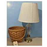 Brass Glass Lamp &  Wicker Basket Set