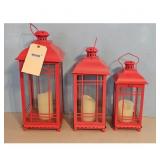 Red Metal Lanterns Set LED Candles