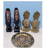 Aztec Calendar Plate/Brass Pineapple Bookends Set