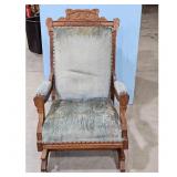 Antique Oak Rocking Chair Carved Wood Upholstered