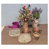 Purple Ribbed Watering Can/ Candle Holders Set