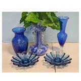 Blue & White Speckled Art Glass Vase & Others