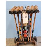 Wooden Croquet Set Wheeled Stand Multicolor Balls
