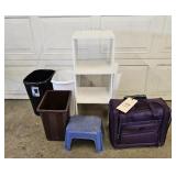 Purple Rolling Suitcase/3 Shelf Unit/Trash Cans/St