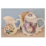 Floral Teapot Creamer Set White Porcelain Pink Pur