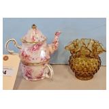Fenton Amber Glass Vase  Floral Teapot Set