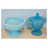 Blue Satin Compote& Covered Candy Dish Set
